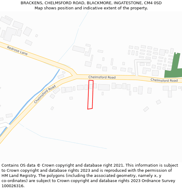 BRACKENS, CHELMSFORD ROAD, BLACKMORE, INGATESTONE, CM4 0SD: Location map and indicative extent of plot