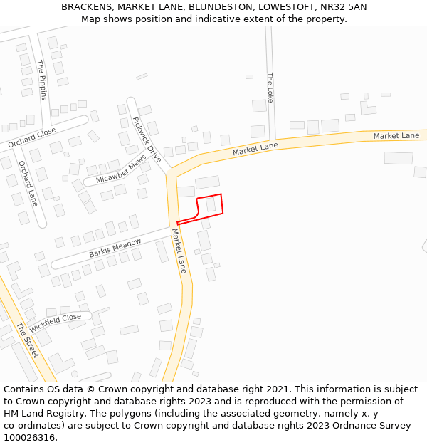 BRACKENS, MARKET LANE, BLUNDESTON, LOWESTOFT, NR32 5AN: Location map and indicative extent of plot