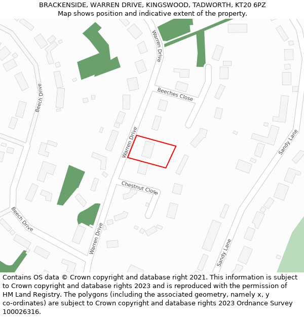 BRACKENSIDE, WARREN DRIVE, KINGSWOOD, TADWORTH, KT20 6PZ: Location map and indicative extent of plot