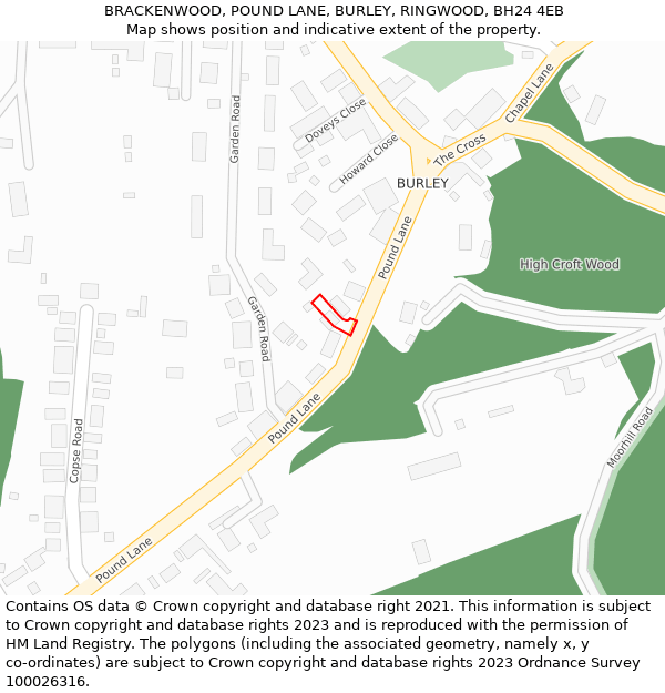 BRACKENWOOD, POUND LANE, BURLEY, RINGWOOD, BH24 4EB: Location map and indicative extent of plot