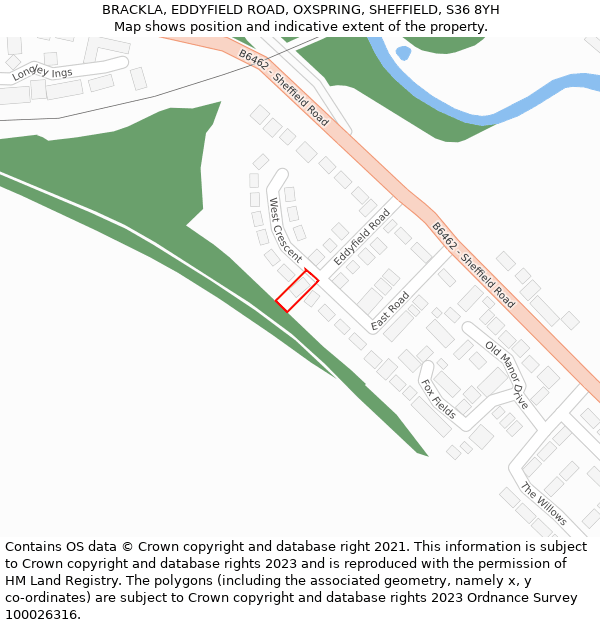 BRACKLA, EDDYFIELD ROAD, OXSPRING, SHEFFIELD, S36 8YH: Location map and indicative extent of plot