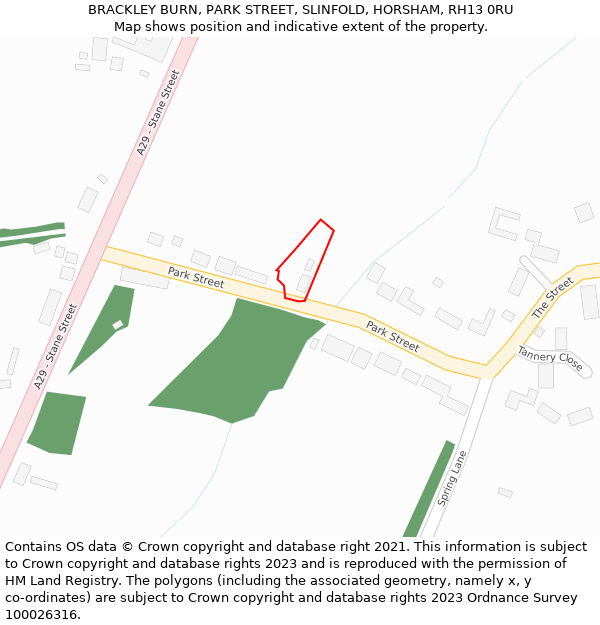 BRACKLEY BURN, PARK STREET, SLINFOLD, HORSHAM, RH13 0RU: Location map and indicative extent of plot