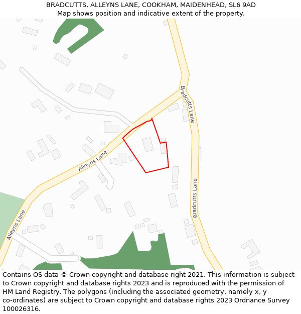 BRADCUTTS, ALLEYNS LANE, COOKHAM, MAIDENHEAD, SL6 9AD: Location map and indicative extent of plot