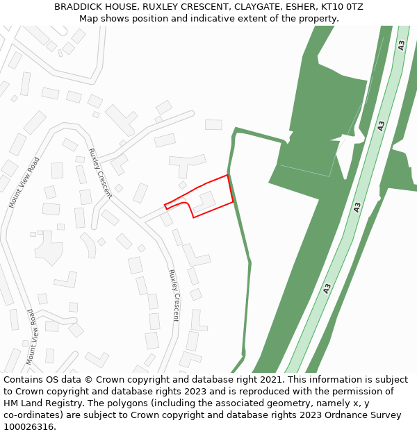 BRADDICK HOUSE, RUXLEY CRESCENT, CLAYGATE, ESHER, KT10 0TZ: Location map and indicative extent of plot
