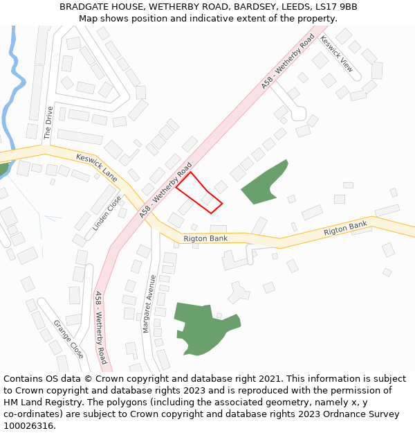 BRADGATE HOUSE, WETHERBY ROAD, BARDSEY, LEEDS, LS17 9BB: Location map and indicative extent of plot