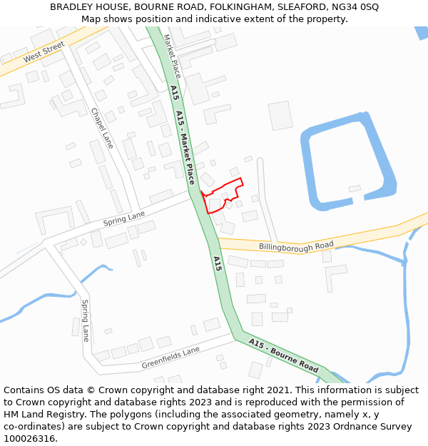 BRADLEY HOUSE, BOURNE ROAD, FOLKINGHAM, SLEAFORD, NG34 0SQ: Location map and indicative extent of plot