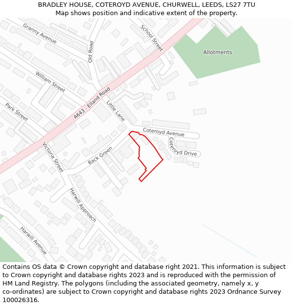 BRADLEY HOUSE, COTEROYD AVENUE, CHURWELL, LEEDS, LS27 7TU: Location map and indicative extent of plot