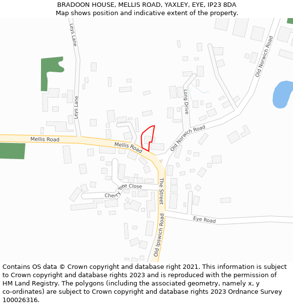 BRADOON HOUSE, MELLIS ROAD, YAXLEY, EYE, IP23 8DA: Location map and indicative extent of plot