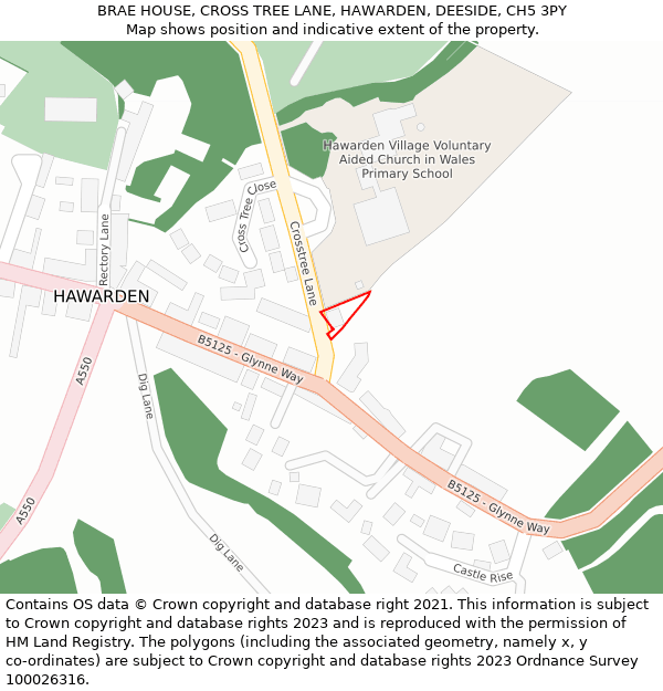 BRAE HOUSE, CROSS TREE LANE, HAWARDEN, DEESIDE, CH5 3PY: Location map and indicative extent of plot