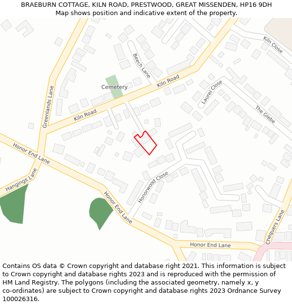 BRAEBURN COTTAGE, KILN ROAD, PRESTWOOD, GREAT MISSENDEN, HP16 9DH: Location map and indicative extent of plot