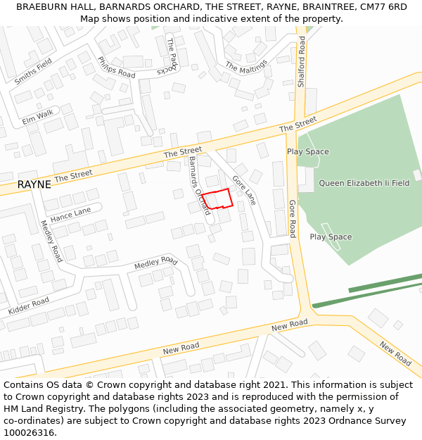 BRAEBURN HALL, BARNARDS ORCHARD, THE STREET, RAYNE, BRAINTREE, CM77 6RD: Location map and indicative extent of plot