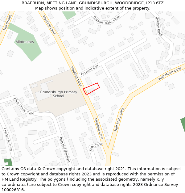 BRAEBURN, MEETING LANE, GRUNDISBURGH, WOODBRIDGE, IP13 6TZ: Location map and indicative extent of plot