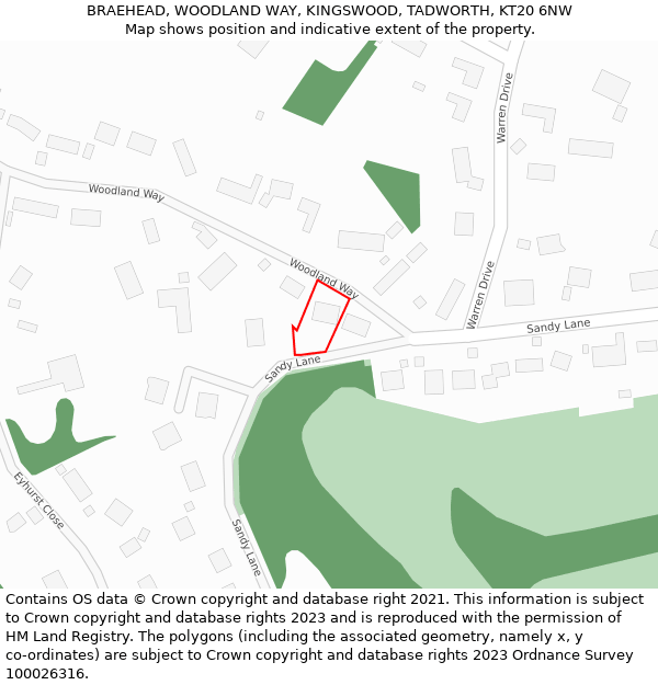 BRAEHEAD, WOODLAND WAY, KINGSWOOD, TADWORTH, KT20 6NW: Location map and indicative extent of plot