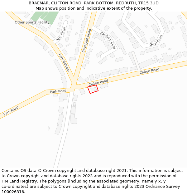 BRAEMAR, CLIFTON ROAD, PARK BOTTOM, REDRUTH, TR15 3UD: Location map and indicative extent of plot