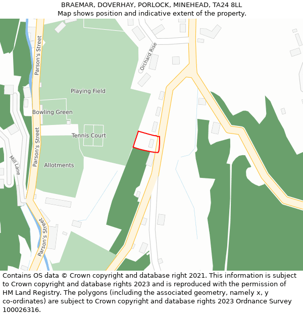 BRAEMAR, DOVERHAY, PORLOCK, MINEHEAD, TA24 8LL: Location map and indicative extent of plot