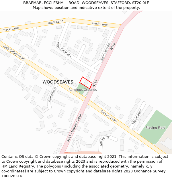BRAEMAR, ECCLESHALL ROAD, WOODSEAVES, STAFFORD, ST20 0LE: Location map and indicative extent of plot