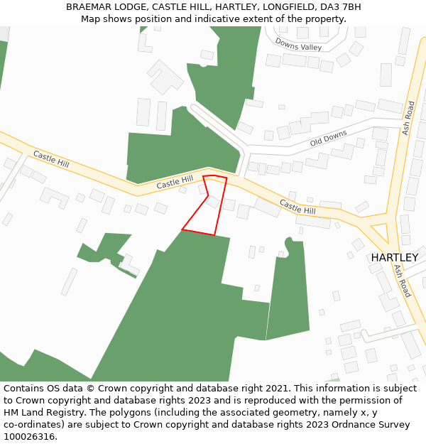BRAEMAR LODGE, CASTLE HILL, HARTLEY, LONGFIELD, DA3 7BH: Location map and indicative extent of plot