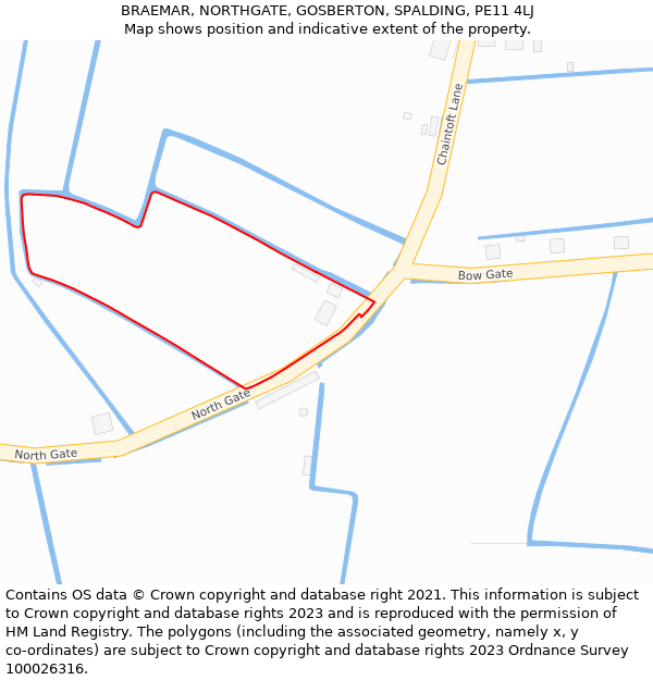 BRAEMAR, NORTHGATE, GOSBERTON, SPALDING, PE11 4LJ: Location map and indicative extent of plot