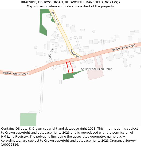 BRAESIDE, FISHPOOL ROAD, BLIDWORTH, MANSFIELD, NG21 0QP: Location map and indicative extent of plot