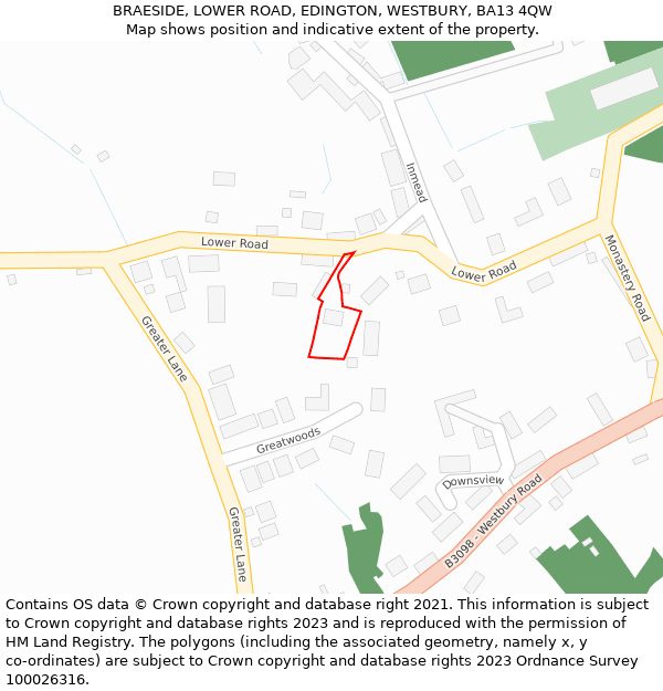 BRAESIDE, LOWER ROAD, EDINGTON, WESTBURY, BA13 4QW: Location map and indicative extent of plot