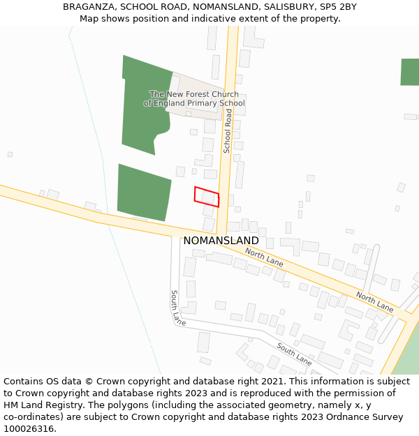 BRAGANZA, SCHOOL ROAD, NOMANSLAND, SALISBURY, SP5 2BY: Location map and indicative extent of plot