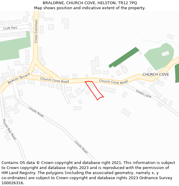 BRALORNE, CHURCH COVE, HELSTON, TR12 7PQ: Location map and indicative extent of plot