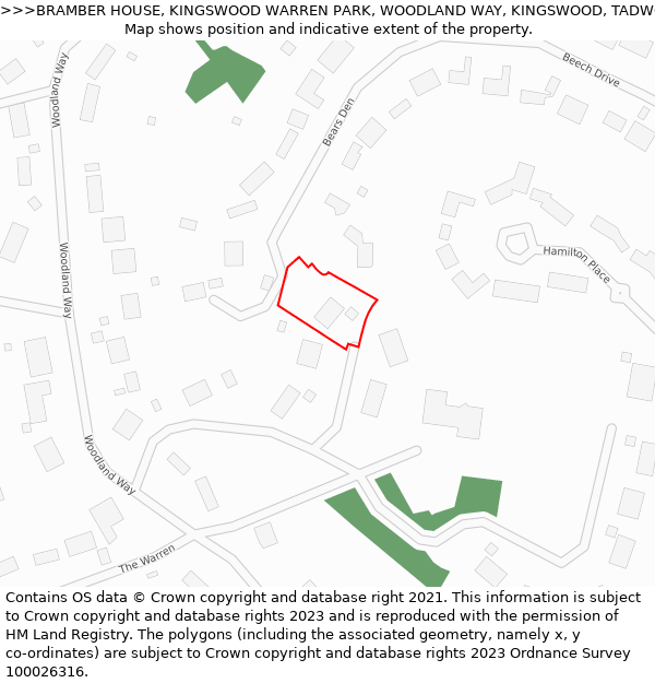 BRAMBER HOUSE, KINGSWOOD WARREN PARK, WOODLAND WAY, KINGSWOOD, TADWORTH, KT20 6AD: Location map and indicative extent of plot
