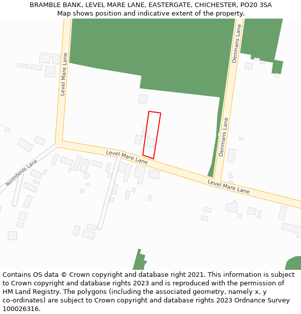 BRAMBLE BANK, LEVEL MARE LANE, EASTERGATE, CHICHESTER, PO20 3SA: Location map and indicative extent of plot