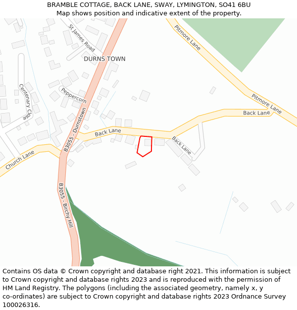 BRAMBLE COTTAGE, BACK LANE, SWAY, LYMINGTON, SO41 6BU: Location map and indicative extent of plot