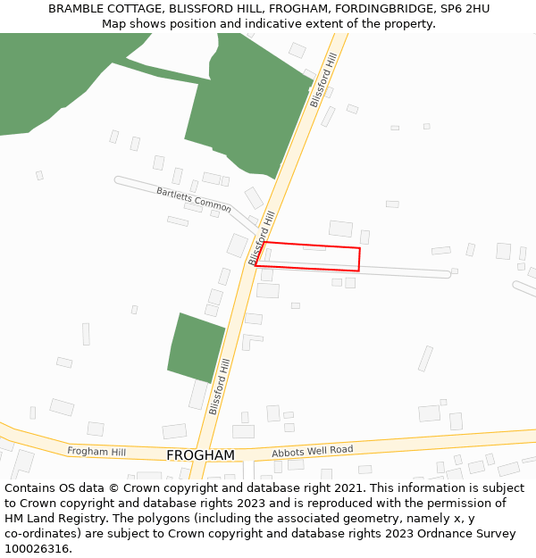 BRAMBLE COTTAGE, BLISSFORD HILL, FROGHAM, FORDINGBRIDGE, SP6 2HU: Location map and indicative extent of plot