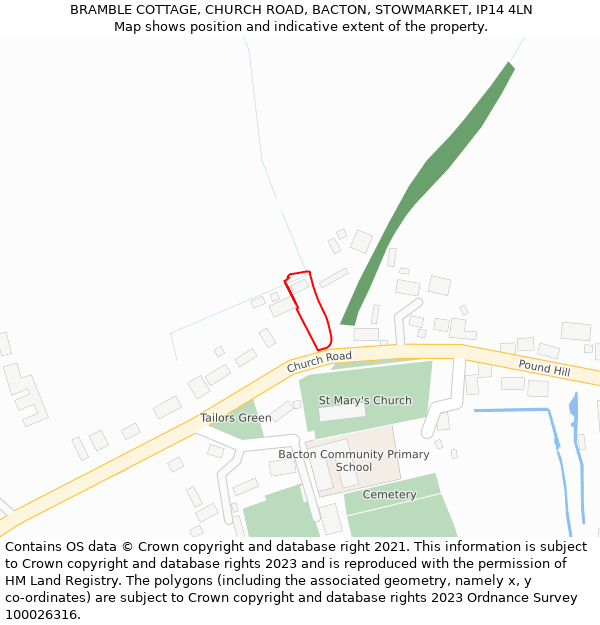 BRAMBLE COTTAGE, CHURCH ROAD, BACTON, STOWMARKET, IP14 4LN: Location map and indicative extent of plot