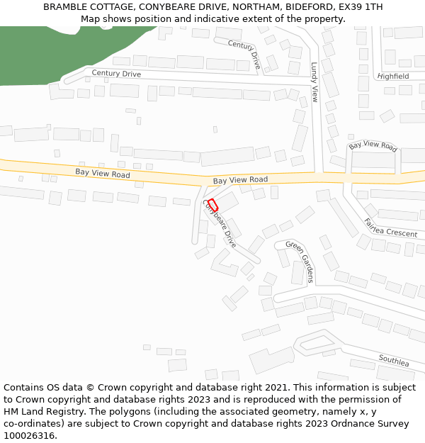 BRAMBLE COTTAGE, CONYBEARE DRIVE, NORTHAM, BIDEFORD, EX39 1TH: Location map and indicative extent of plot