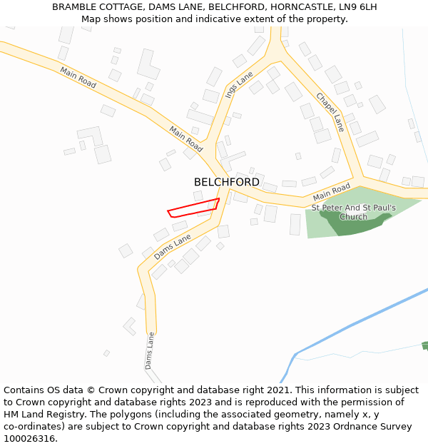 BRAMBLE COTTAGE, DAMS LANE, BELCHFORD, HORNCASTLE, LN9 6LH: Location map and indicative extent of plot