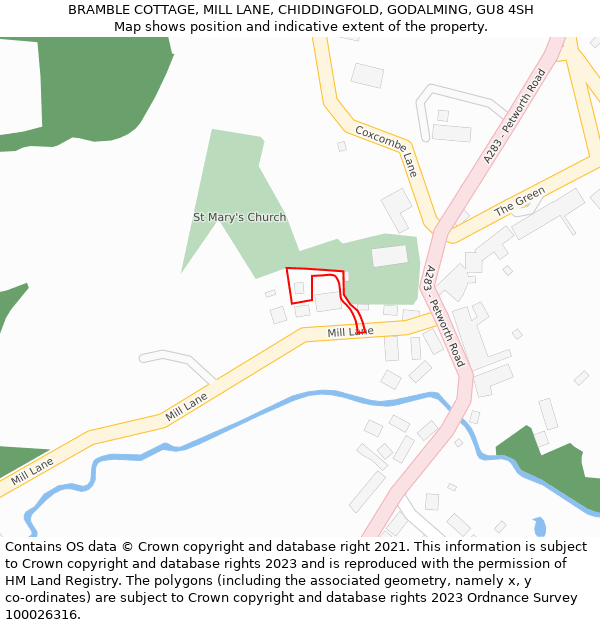 BRAMBLE COTTAGE, MILL LANE, CHIDDINGFOLD, GODALMING, GU8 4SH: Location map and indicative extent of plot