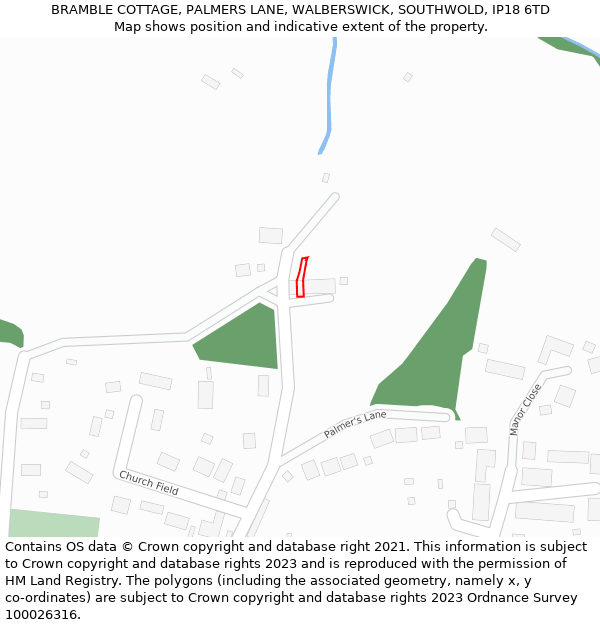 BRAMBLE COTTAGE, PALMERS LANE, WALBERSWICK, SOUTHWOLD, IP18 6TD: Location map and indicative extent of plot