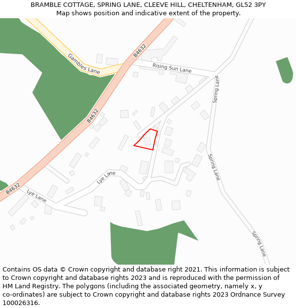 BRAMBLE COTTAGE, SPRING LANE, CLEEVE HILL, CHELTENHAM, GL52 3PY: Location map and indicative extent of plot