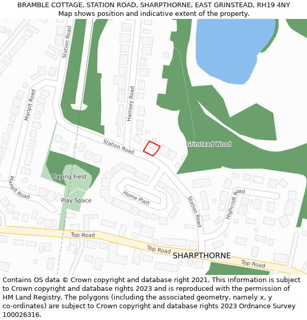 BRAMBLE COTTAGE, STATION ROAD, SHARPTHORNE, EAST GRINSTEAD, RH19 4NY: Location map and indicative extent of plot