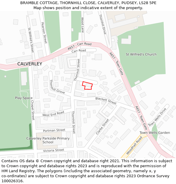 BRAMBLE COTTAGE, THORNHILL CLOSE, CALVERLEY, PUDSEY, LS28 5PE: Location map and indicative extent of plot