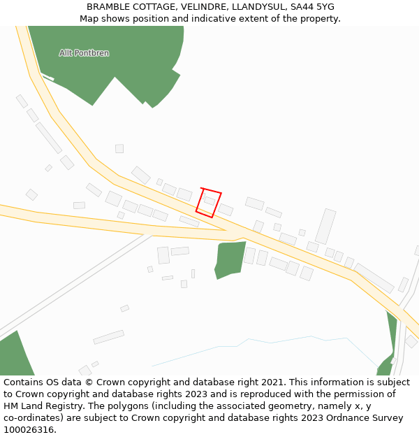 BRAMBLE COTTAGE, VELINDRE, LLANDYSUL, SA44 5YG: Location map and indicative extent of plot