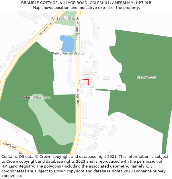 BRAMBLE COTTAGE, VILLAGE ROAD, COLESHILL, AMERSHAM, HP7 0LR: Location map and indicative extent of plot