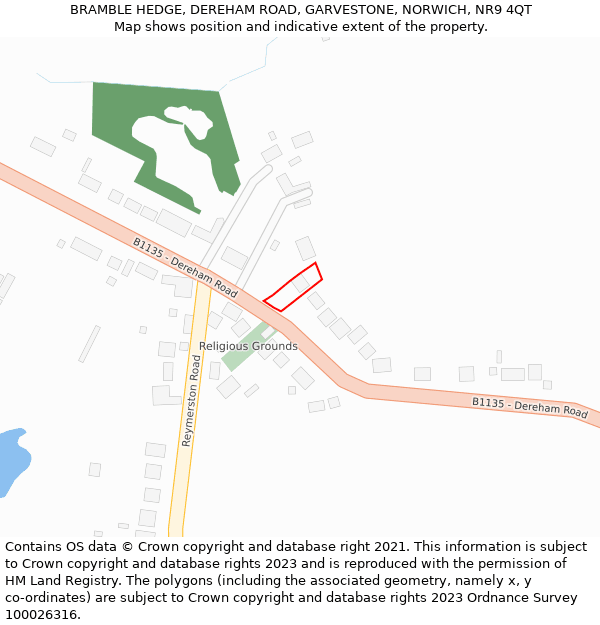 BRAMBLE HEDGE, DEREHAM ROAD, GARVESTONE, NORWICH, NR9 4QT: Location map and indicative extent of plot