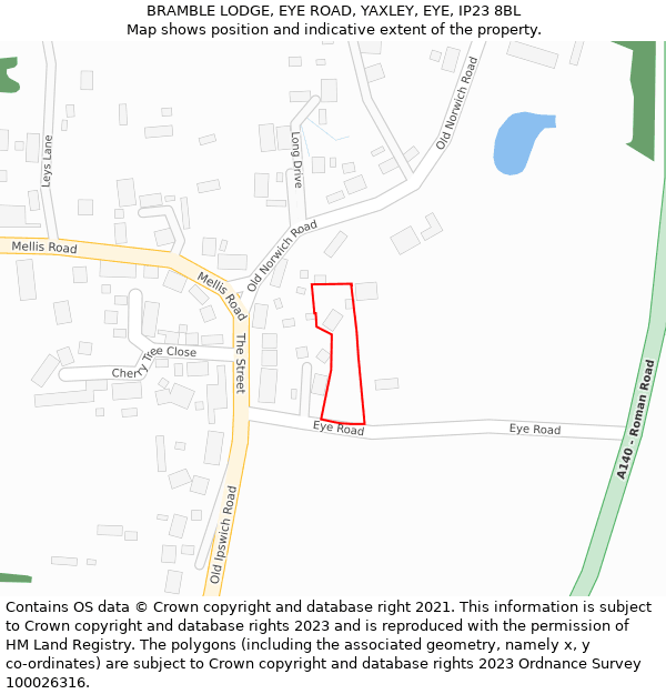 BRAMBLE LODGE, EYE ROAD, YAXLEY, EYE, IP23 8BL: Location map and indicative extent of plot