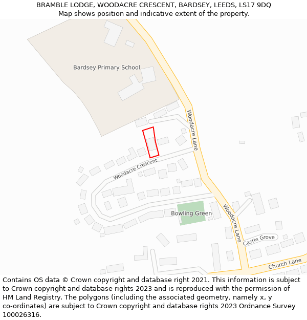 BRAMBLE LODGE, WOODACRE CRESCENT, BARDSEY, LEEDS, LS17 9DQ: Location map and indicative extent of plot