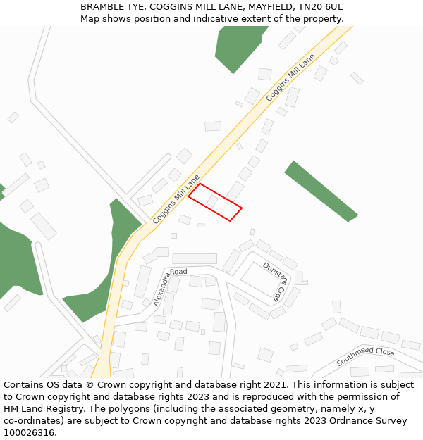 BRAMBLE TYE, COGGINS MILL LANE, MAYFIELD, TN20 6UL: Location map and indicative extent of plot