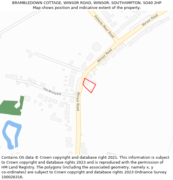 BRAMBLEDOWN COTTAGE, WINSOR ROAD, WINSOR, SOUTHAMPTON, SO40 2HP: Location map and indicative extent of plot