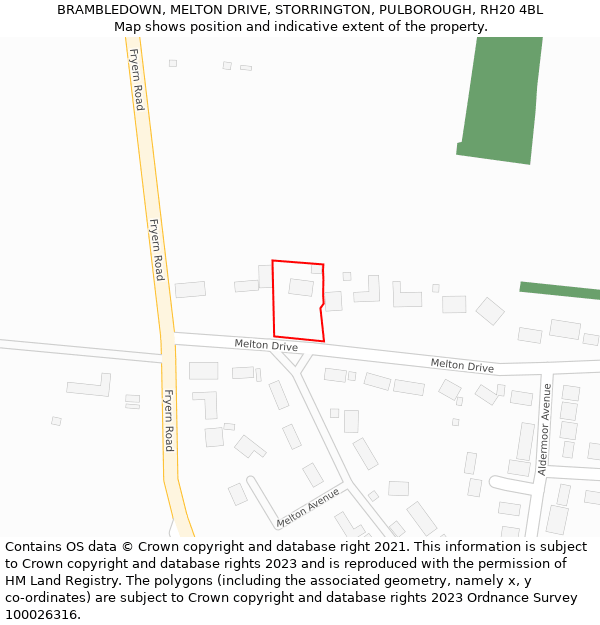 BRAMBLEDOWN, MELTON DRIVE, STORRINGTON, PULBOROUGH, RH20 4BL: Location map and indicative extent of plot