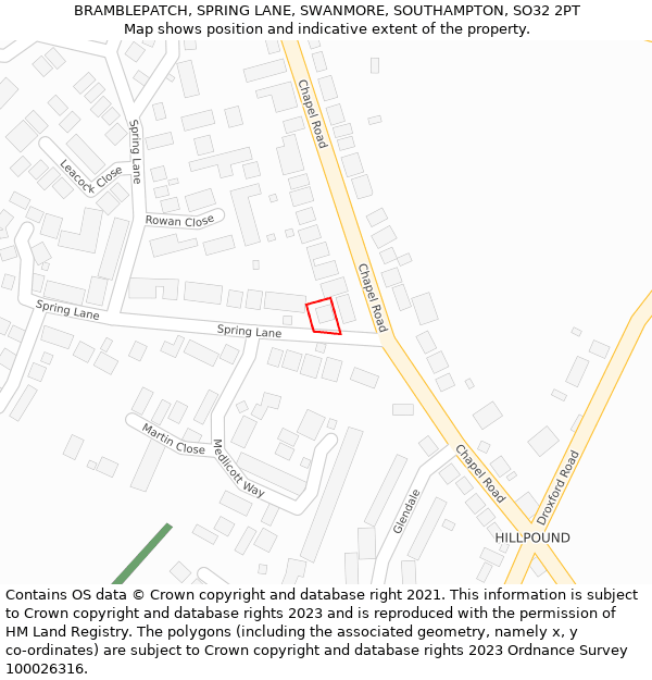 BRAMBLEPATCH, SPRING LANE, SWANMORE, SOUTHAMPTON, SO32 2PT: Location map and indicative extent of plot