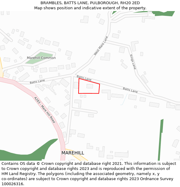 BRAMBLES, BATTS LANE, PULBOROUGH, RH20 2ED: Location map and indicative extent of plot