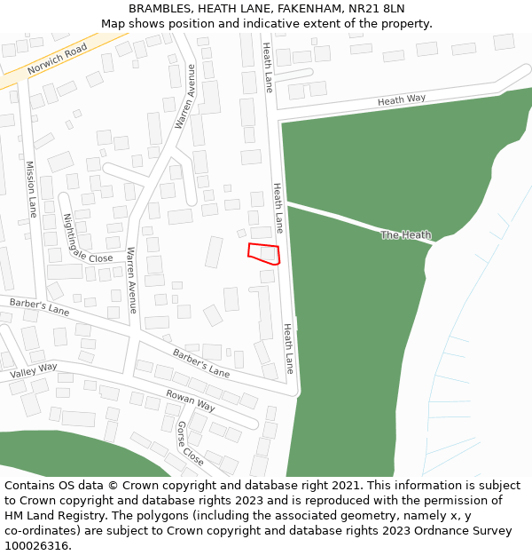 BRAMBLES, HEATH LANE, FAKENHAM, NR21 8LN: Location map and indicative extent of plot