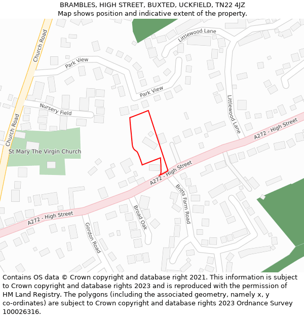 BRAMBLES, HIGH STREET, BUXTED, UCKFIELD, TN22 4JZ: Location map and indicative extent of plot